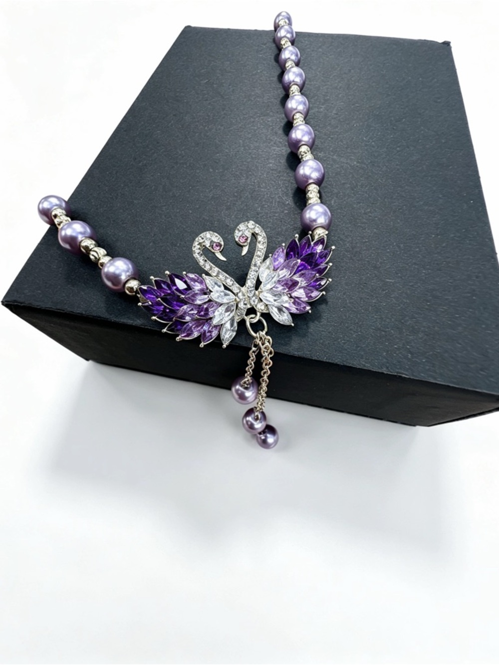 Lavender Swan Crystal Pendant Necklace with Pearl Beads